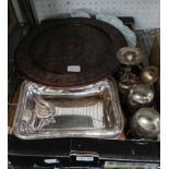A BOX CONTAINING A VARIED SELECTION OF DOMESTIC METALWARES, the majority silver plated, to