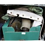 A BOX OF USEFUL DOMESTIC & COLLECTABLE ITEMS to include; service kit bags,
