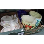 TWO BOXES CONTAINING A ROSE DECORATED PART DINNER SERVICE, decorative tin waste bins, other domestic