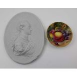 A ROYAL WORCESTER BONE CHINA PIN DISH, having hand-painted fruit decoration, signed, factory