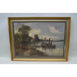 EARLY 20TH EUROPEAN SCHOOL "The Ferry", open steam ferry at a river crossing, oil painting on