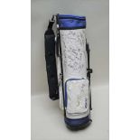 A BLUE & WHITE FINISHED GOLF BAG having numerous autographs from contestants, in the English Open