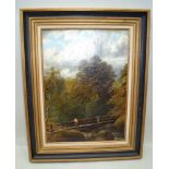 LATE 19TH CENTURY BRITISH SCHOOL "Woodland Scene", figure on a footbridge. Oil painting on canvas,