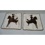 TWO SILK AND VELVET APPLIED CUSHION COVERS with side saddle equestrian detail, 48cm square, together