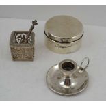 A SELECTION OF SILVER ITEMS including a miniature silver chamberstick, Birmingham 1903, a