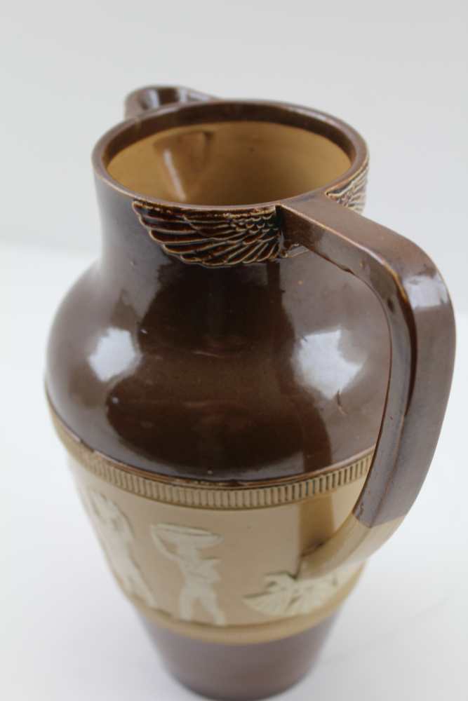 A DOULTON LAMBETH STONEWARE JUG of baluster form, part brown glazed, banded with hyraglyphs in the - Image 4 of 4