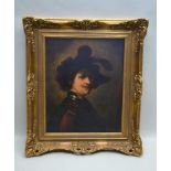 IN THE MANNER OF REMBRANDT "Portrait of a Man", feather plumed hat, armour collar, oil painting on