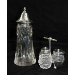 FRANK COBB & CO. A SILVER CRUET STAND together with three cut glass condiments two with silver
