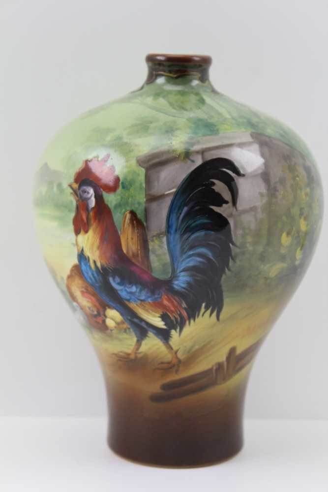 A ROYAL BONN CERAMIC VASE of baluster form, hand painted cockerel, hen and chicks in a farmyard,