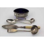 A SELECTION OF SILVER ITEMS to include, Irish Georgian Ladle, Dublin 1818, an 18th century salt,