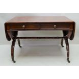 A 19TH CENTURY MAHOGANY SOFA TABLE, having in-line faux and true frieze drawers to each side,