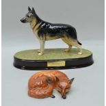 A BESWICK FIGURE OF AN ALSATIAN, on an oval ceramic base with name plate, together with A BESWICK