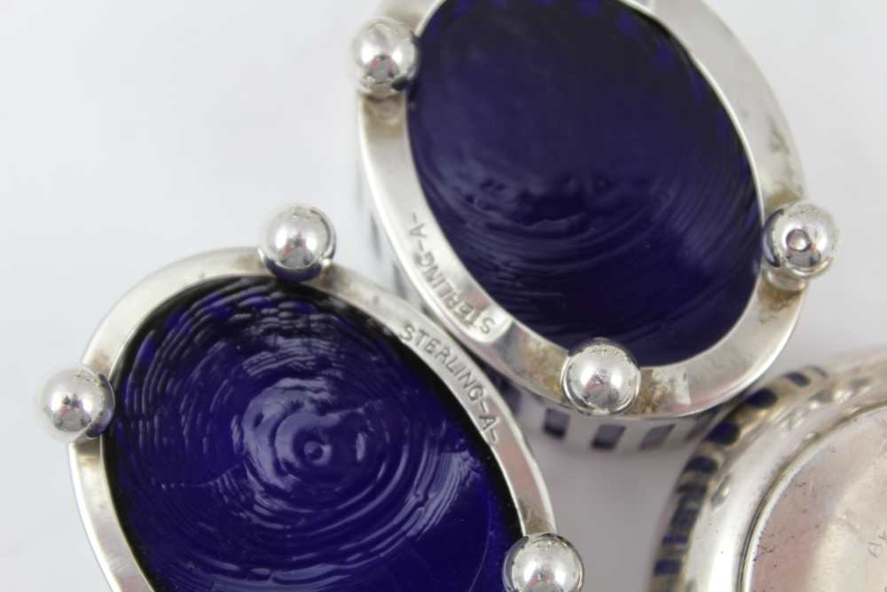 A COLLECTION OF SILVER CONDIMENTS comprising; a pair of oval sterling salts with blue glass - Image 3 of 6