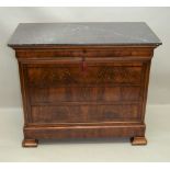 A 19TH CENTURY FRENCH WALNUT CHEST OF DRAWERS, having one frieze drawer over three long drawers,