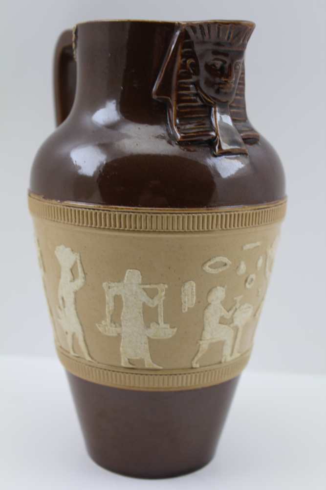 A DOULTON LAMBETH STONEWARE JUG of baluster form, part brown glazed, banded with hyraglyphs in the - Image 2 of 4