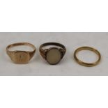 THREE 9CT GOLD RINGS one of the signet rings, stone set, total weight including stone 8.8g