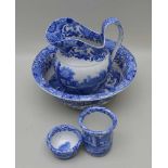 A FOUR PIECE COPELAND SPODE ITALIAN PATTERNED BLUE & WHITE TRANSFER DECORATED TOILET SET, 28cm