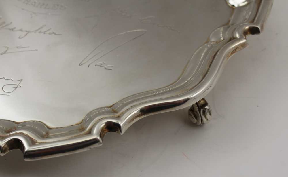 WILLIAM SUCKLING LTD A GEORGIAN DESIGN SILVER SALVER, pie-crust rim on three scroll feet (inscribed) - Image 5 of 6