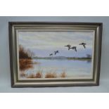 GEOFFREY CAMPBELL-BLACK (b.1925) "Mallards in Flight over the Dee". Oil on canvas, signed, 40.5cm