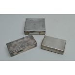 A JAMES DIXON & SON EPBM SQUARE SANDWICH BOX with hinged cover and ring mount, with two others (3)