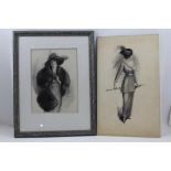ELLEN DYER "Two Ladies of Fashion", en grisaille wash drawings, c.1910, one framed, mounted and