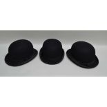 THREE BLACK BOWLER HATS; by Lock & Co., (2 hard top and 1 soft), sizes 56/52 and 53.5, one with