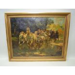 20TH CENTURY RUSSIAN SCHOOL "Horse drawn Carriages", Oil painting on canvas, indistinctly signed,
