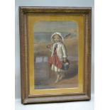 A 19TH CENTURY OLEOGRAPHIC TEXTURED PRINT, of a young girl on a beach with bucket & spade, 49cm x