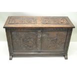 A PART 19TH CENTURY MADE-UP BOX COFFER, having profusely carved double panels to the lift-up lid and
