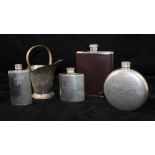 THREE ENGLISH PEWTER HIP FLASKS, another stainless steel hip flask "Chivas Regal" and a SILVER-