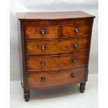 A 19TH CENTURY MAHOGANY FINISHED BOW FRONTED CHEST OF DRAWERS, having plain top over two inline, and