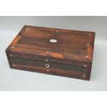 A VICTORIAN ROSEWOOD & MAHOGANY WRITING SLOPE, the case inlaid with mother of pearl, having flush