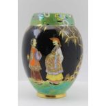 A "CARLTON WARE" MANDARIN PATTERN CERAMIC VASE, enamelled with two figures on an ebonised ground,