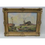 20TH CENTURY EUROPEAN SCHOOL "Landscape with Windmill", canal in foreground, oil painting on canvas,