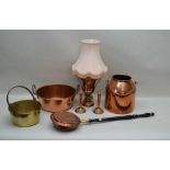 A SELECTION OF DOMESTIC METALWARES VARIOUS, to include; brass swing handled preserve pan, twin