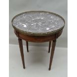 AN EARLY 20TH CENTURY FRENCH MAHOGANY COLOURED CIRCULAR GALLERIED MARBLE TOP BOUILLOTTE TABLE,