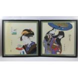 A PAIR OF JAPANESE PRINTS ON FABRIC BIJIN, with character marks, 38cm square, ebonised frames,