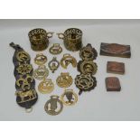 TWO LEATHER MARTINGALE STRAPS holding 7 brasses, 8 loose horse brasses, a brass heavy horse