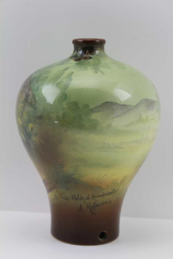 A ROYAL BONN CERAMIC VASE of baluster form, hand painted cockerel, hen and chicks in a farmyard, - Image 2 of 5