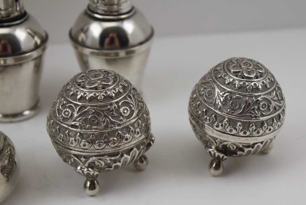 A COLLECTION OF SILVER CONDIMENTS comprising; a pair of oval sterling salts with blue glass - Image 2 of 6