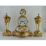 A LATE 19TH CENTURY FRENCH GARNITURE CLOCK SET, veined marble and gilt metal, the mantel clock