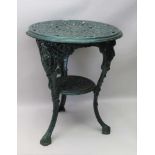 A CAST IRON TAVERN TABLE, raised on three supports with undertier, painted green, 60cm in diameter