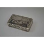 A 19TH CENTURY RUSSIAN SILVER SNUFF BOX, the hinged cover and base decorated with Niello work