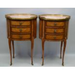 A PAIR OF LATE 19TH CENTURY FRENCH CABINETS, crossbanded kingwood, rouge marble oval tops with