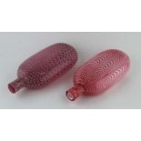 TWO 19TH CENTURY GLASS FLASKS, pink and opaque white swag trailed decoration, possibly Nailsea, 19cm