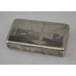 A RUSSIAN SILVER SNUFF BOX, the hinged cover and base engraved with architectural scenes, gilded