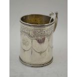 WILLIAM EVANS A SILVER CHRISTENING MUG of tapering form, decoratively banded, beaded swags,