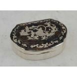 A LATE VICTORIAN SILVER & TORTOISESHELL BOX, the shell form case and hinged cover inlaid with a