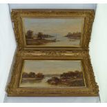 19TH CENTURY BRITISH SCHOOL "River Scenes" ( one with fisherman), pair of oil paintings on canvas,