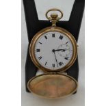 A LATE VICTORIAN HUNTER POCKET WATCH, gold filled case, white enamel dial with Roman numerals and